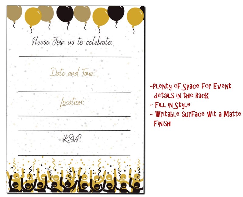 Elcer 30th Birthday Party Invitations | 30 Years celebration | Happy Anniversary | 5 x 7 | Black & Gold | Fill In Style 20 Count with Envelopes | You're Invited | Surprise Party - Image 4